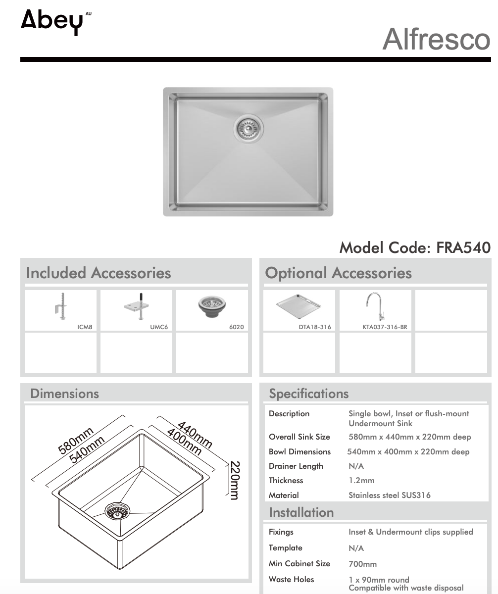 Abey Alfresco Single Bowl Kitchen Sink 580x440mm - Stainless Steel Topmount/Undermount Sink with Mixer & Tray (Model FRA540T) - Perfect for Outdoor Kitchens, BBQ Areas & RV Camping