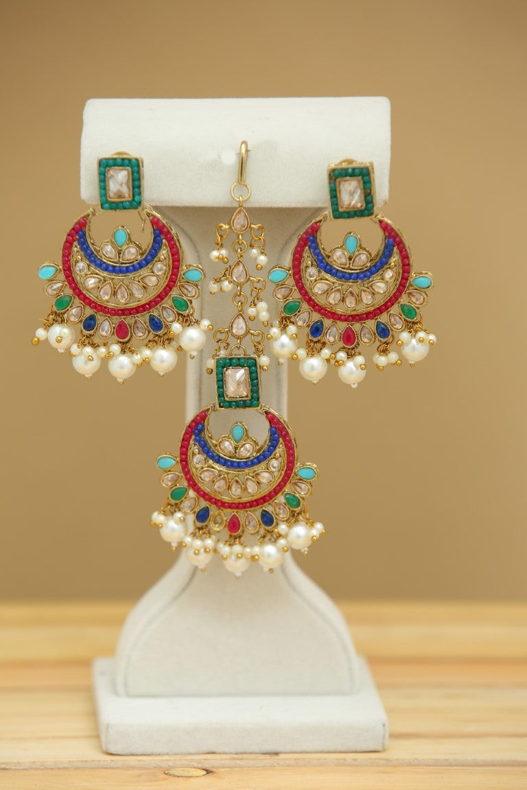 JANISHA Stylish Gold Plated Earrings with Tikka Design - Perfect for Weddings, Parties & Festive Occasions