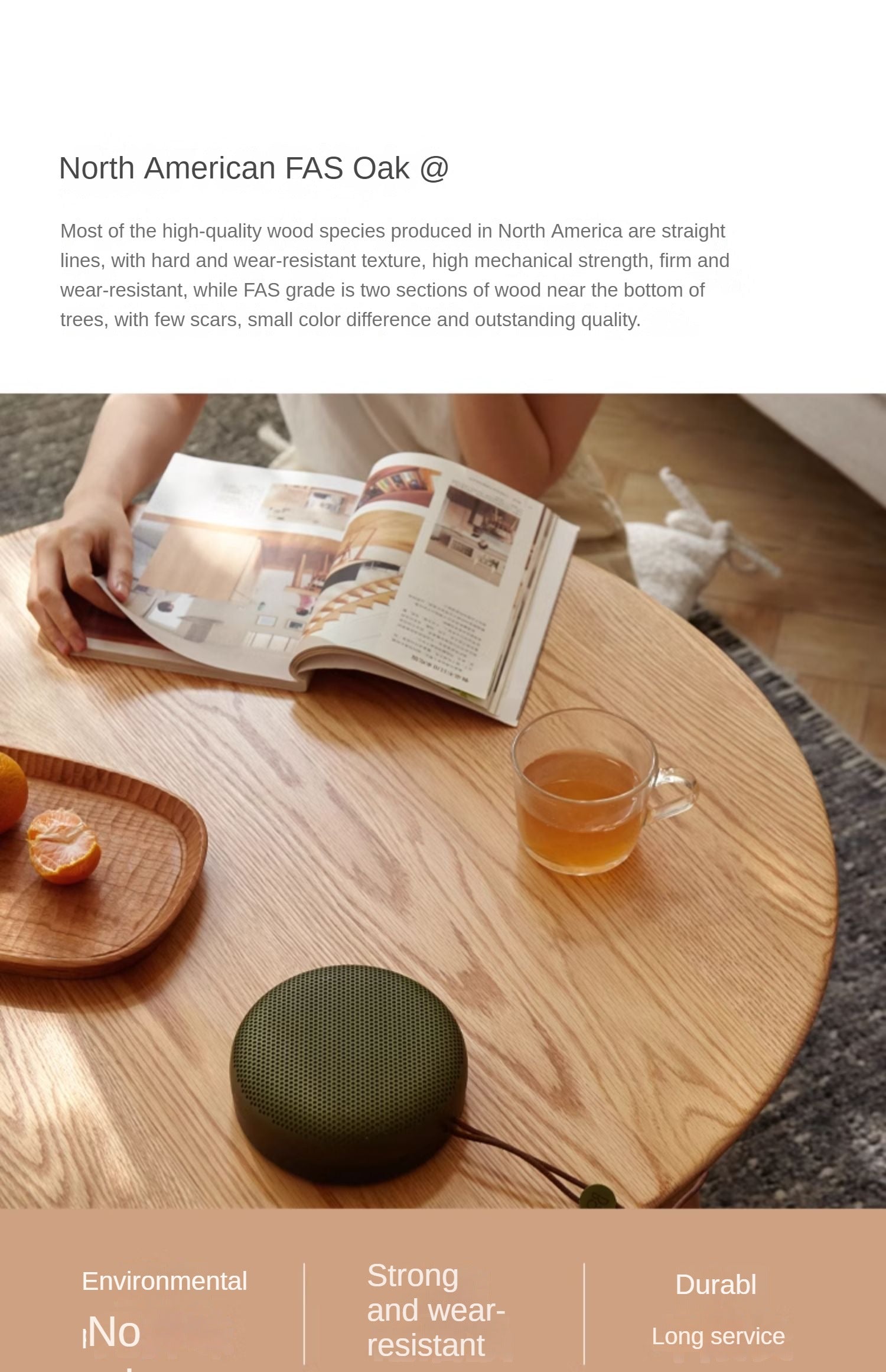 Solid Oak Wood Round Coffee Table - Rustic Modern Living Room Centerpiece for Home Decor & Relaxing with Family