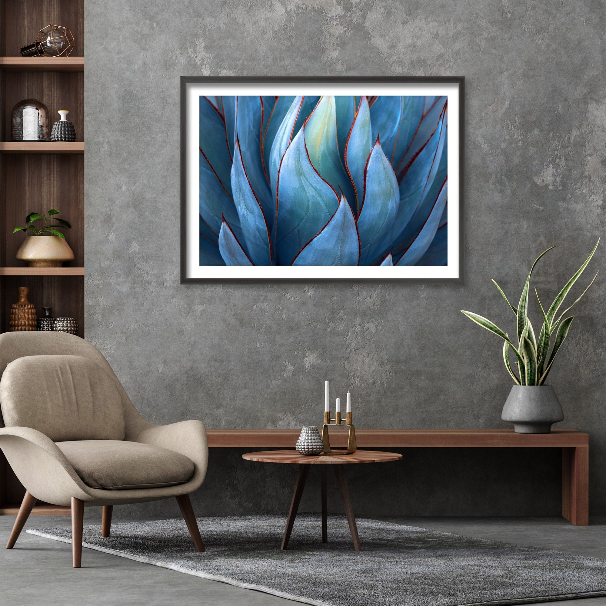 Blue Agave Abstract Framed Print Wall Art by Robin Wechsler - Modern Botanical Decor for Living Room, Bedroom & Office