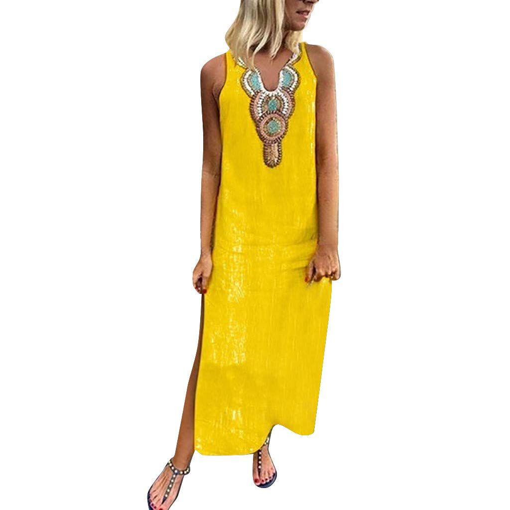 Women's Short Sleeve Loose Plain Maxi Dress - Casual Long Swing Dress in Yellow | Perfect for Summer Beach, Vacation & Everyday Wear
