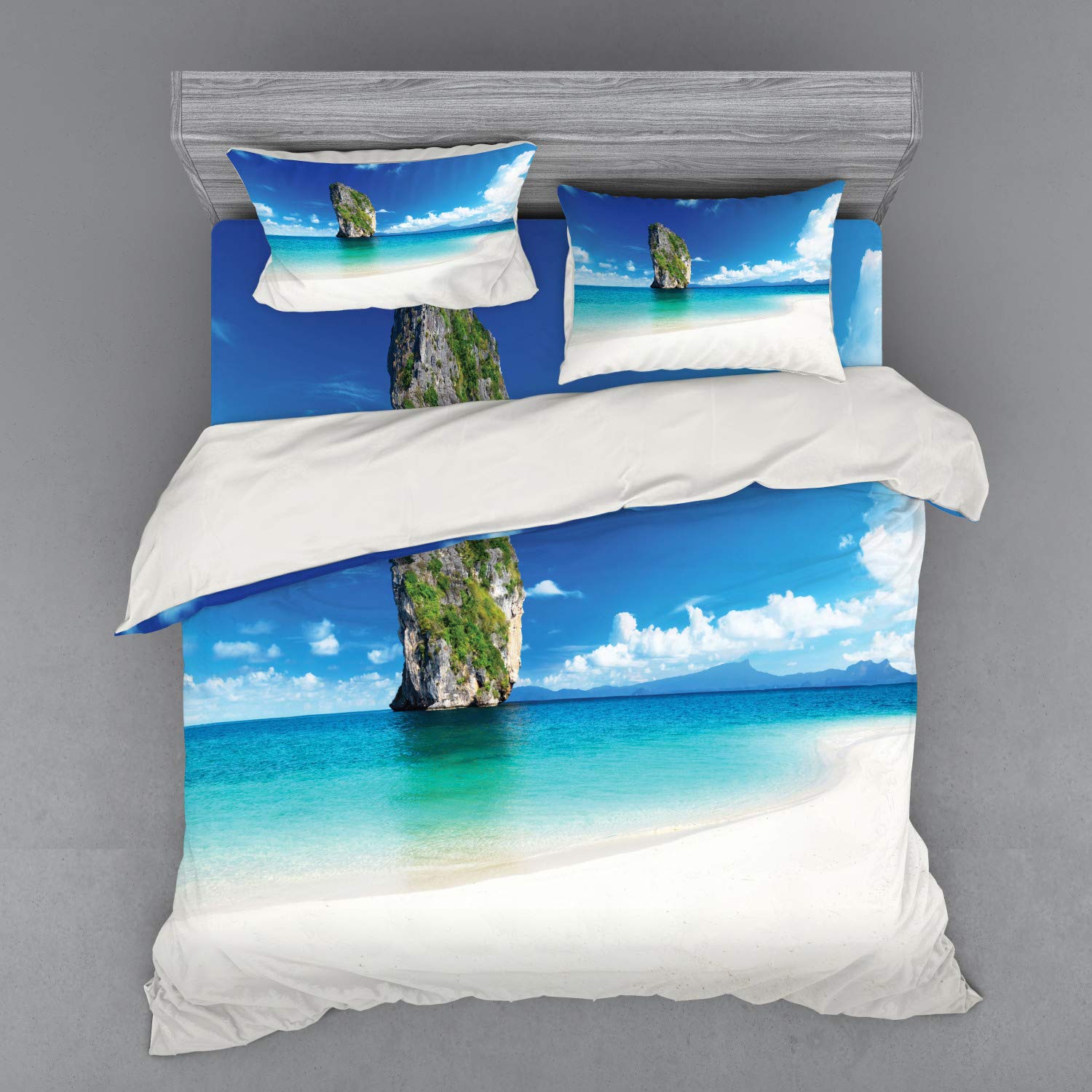 Ambesonne Island Duvet Cover Set - King Size 4-Piece Coastal Bedding with Shams & Fitted Sheet | Blue White Cream Beach Theme | Perfect for Vacation Homes, Guest Rooms & Coastal Decor