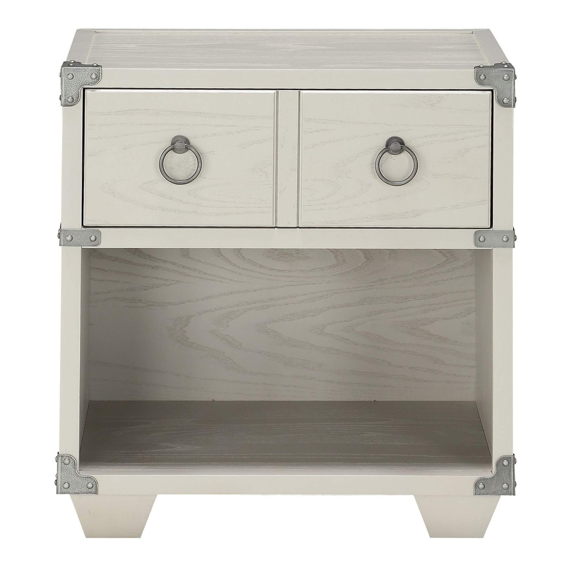 Benjara 2-Drawer Wooden Nightstand with Metal Ring Pulls, Gray - Stylish Bedside Table for Bedroom, Living Room, or Office Storage