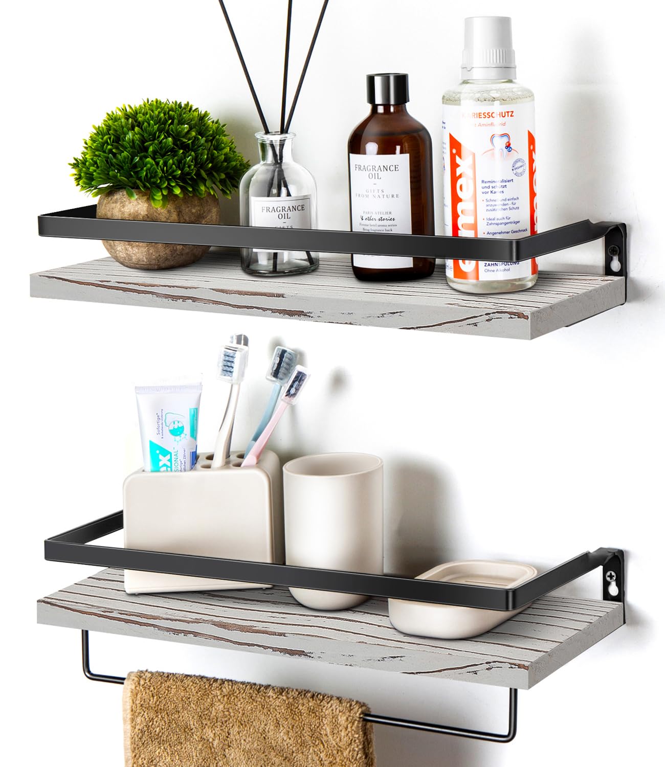 Floating Shelves for Wall - Set of 2 Grey Bathroom Shelves with Towel Bar | Wall Mounted Storage Shelves for Kitchen, Bathroom | Perfect for Small Space Organization & Home Decor