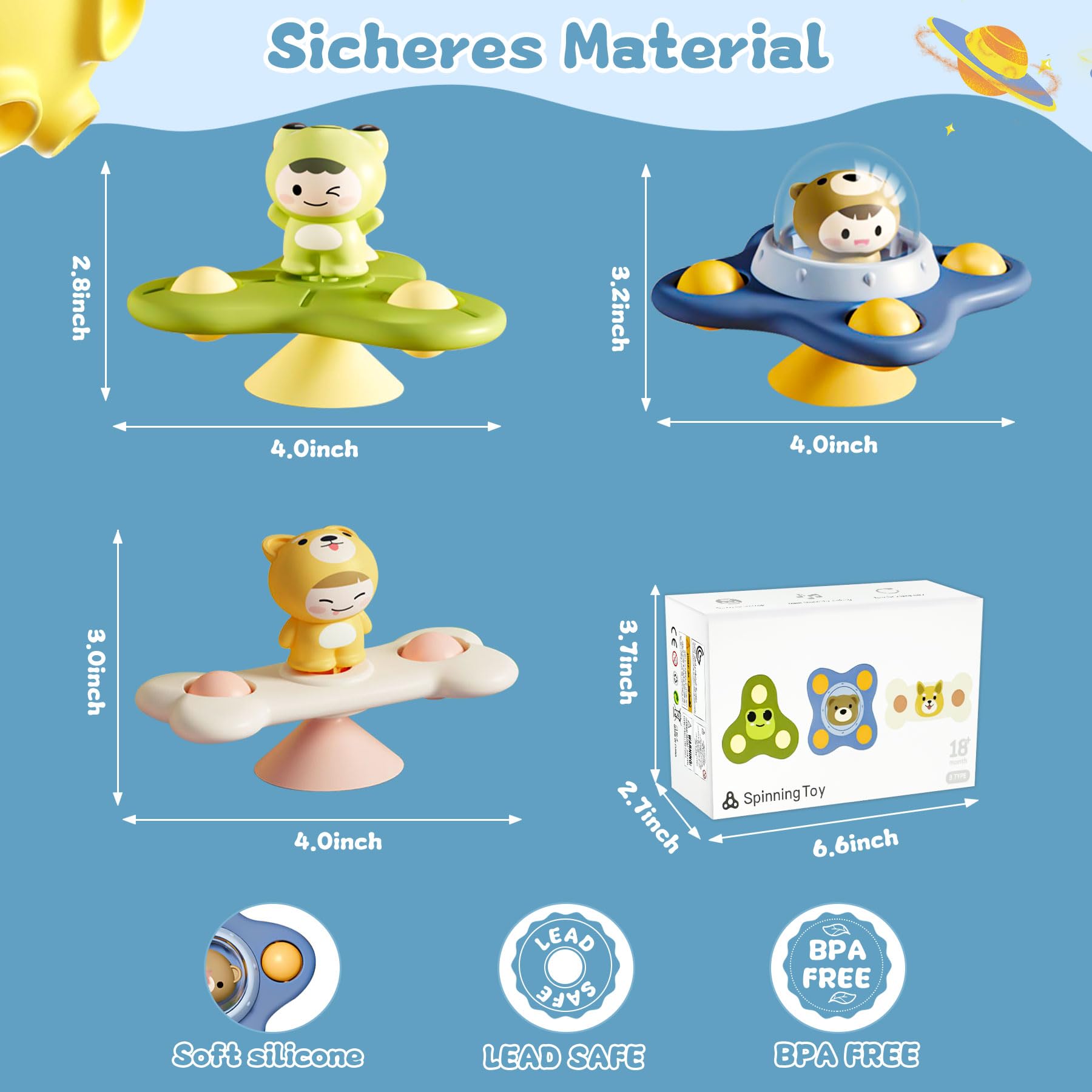 3Pcs Baby Suction Cup Spinner Toy - Bath & Travel Sensory Toys for 1-2 Year Olds - Window Play for Toddlers
