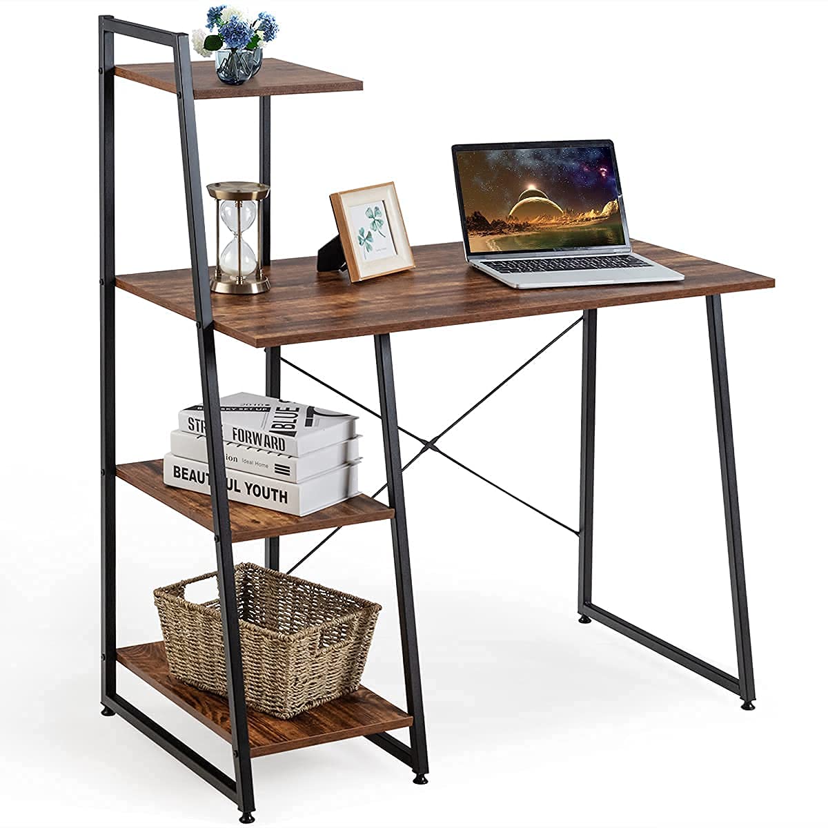 Powerstone Wooden Gaming & Study Desk with Storage Shelves - Home Office, Student & Teacher Writing Table - Perfect for College Dorm, Gaming Setup & Workspace Organization (Brown)