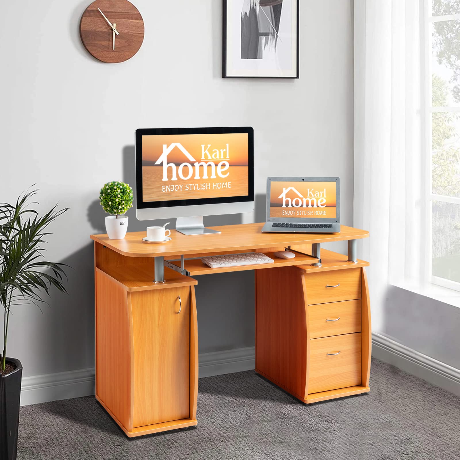 Karl Home Computer Desk with Drawers & Storage Cabinet - Small Office Desk PC Laptop Workstation for Home Office, Studio, Apartment | Wooden Study Table for Remote Work, Online Classes & Gaming Setup