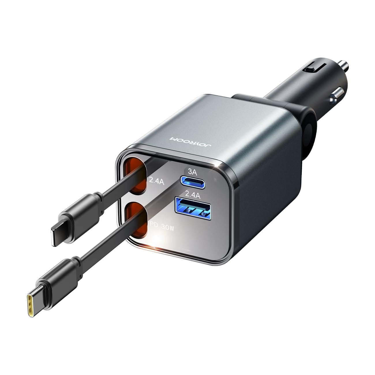 JOYROOM 69W Retractable Car Charger with USB-C - Ultra-Compact Fast Charger for iPhone 16/15 Pro Max - Gray Car Accessory for Road Trips & Daily Commute