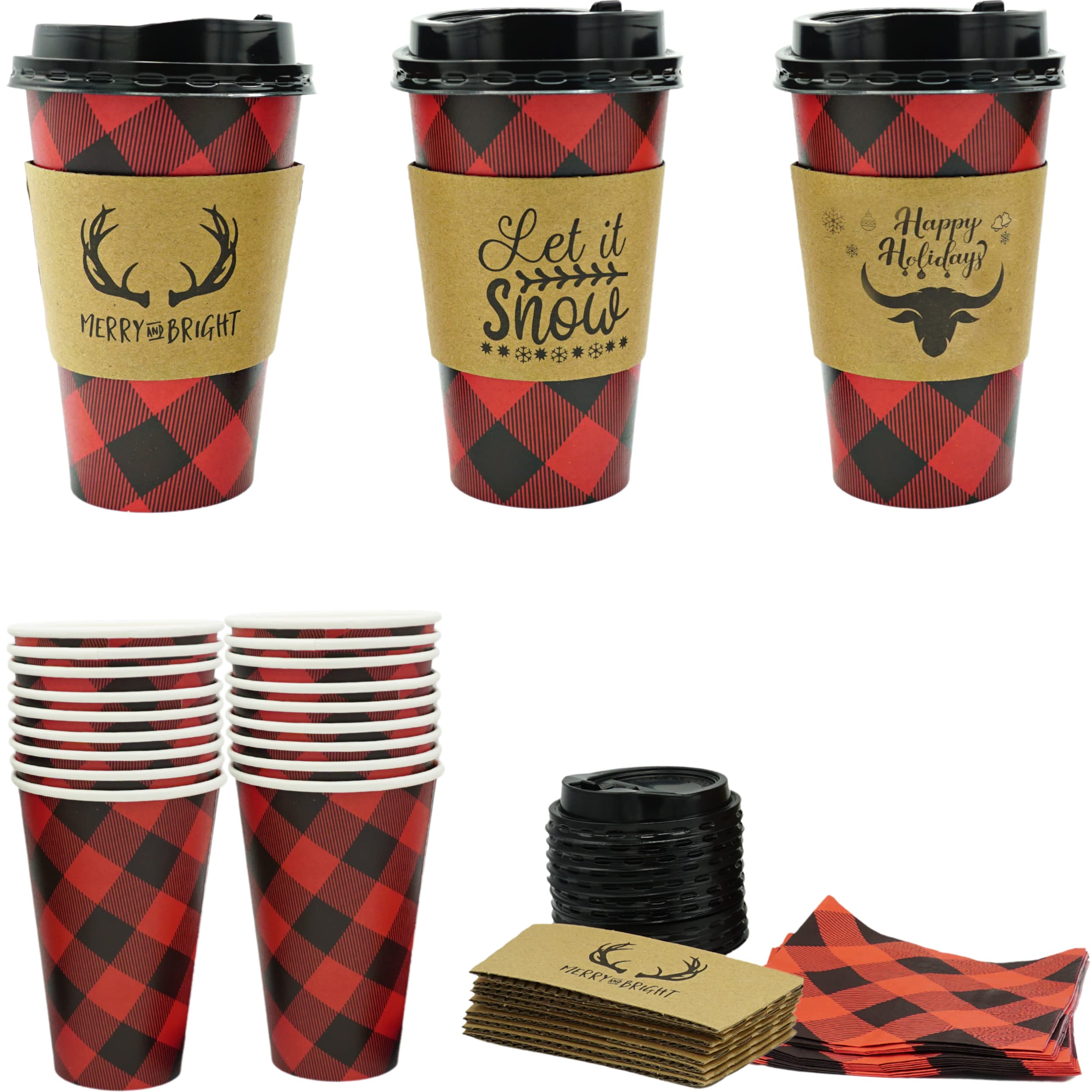 16oz Buffalo Plaid Christmas Disposable Coffee Cups with Lids & Sleeves (12 Pack) - Insulated Paper Cups for Hot Cocoa, Hot Chocolate Bar, Lumberjack Party Supplies - Perfect for Holiday Gatherings, Office Parties & Winter Celebrations
