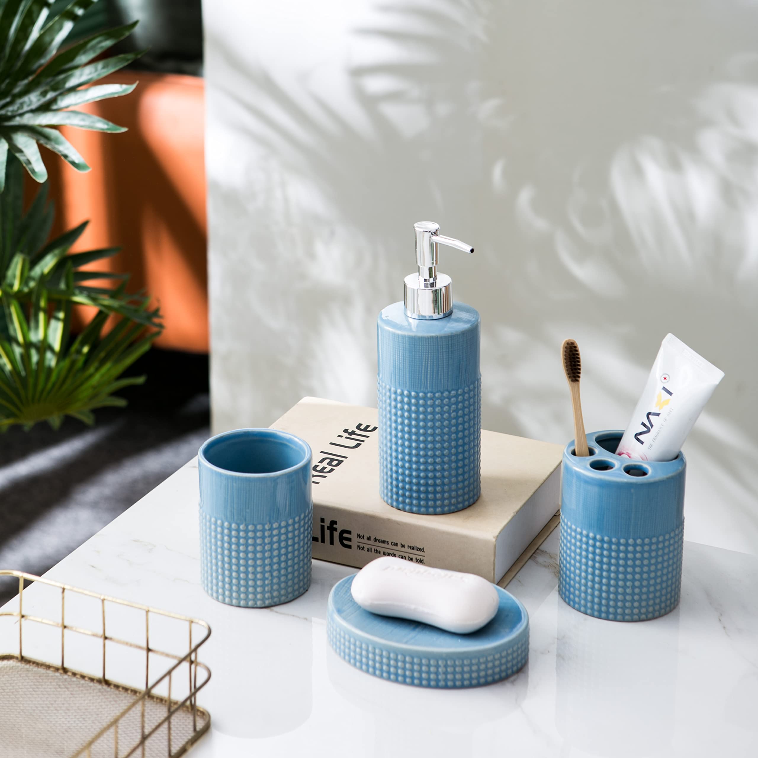 4-Piece Ceramic Bathroom Accessories Set - Soap Dispenser, Toothbrush Holder, Tumbler & Soap Dish | Modern Home Decor for Bathroom, Housewarming Gift (Blue) | Perfect for Guest Bathrooms, Master Suites & Spa-Inspired Spaces