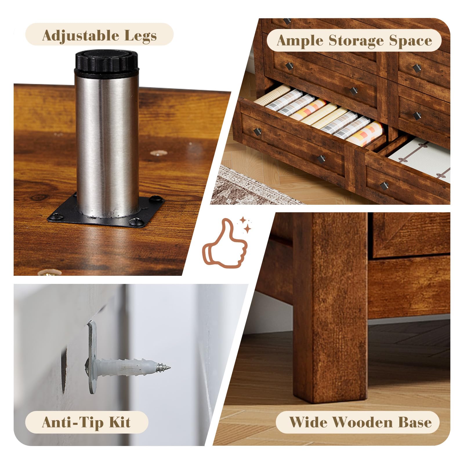 Rustic Brown 3-Piece Bedroom Dresser and Nightstand Set - Farmhouse Style 6-Drawer Storage Dresser & 2 Nightstands with Charging Station | Perfect for Master Bedroom, Guest Room & Apartment Furniture