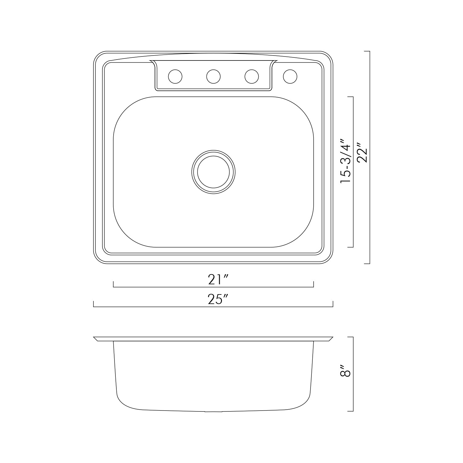 DAX OM 2522 Single Bowl Top Mount Kitchen Sink - 20 Gauge Stainless Steel with Brushed Finish, 25