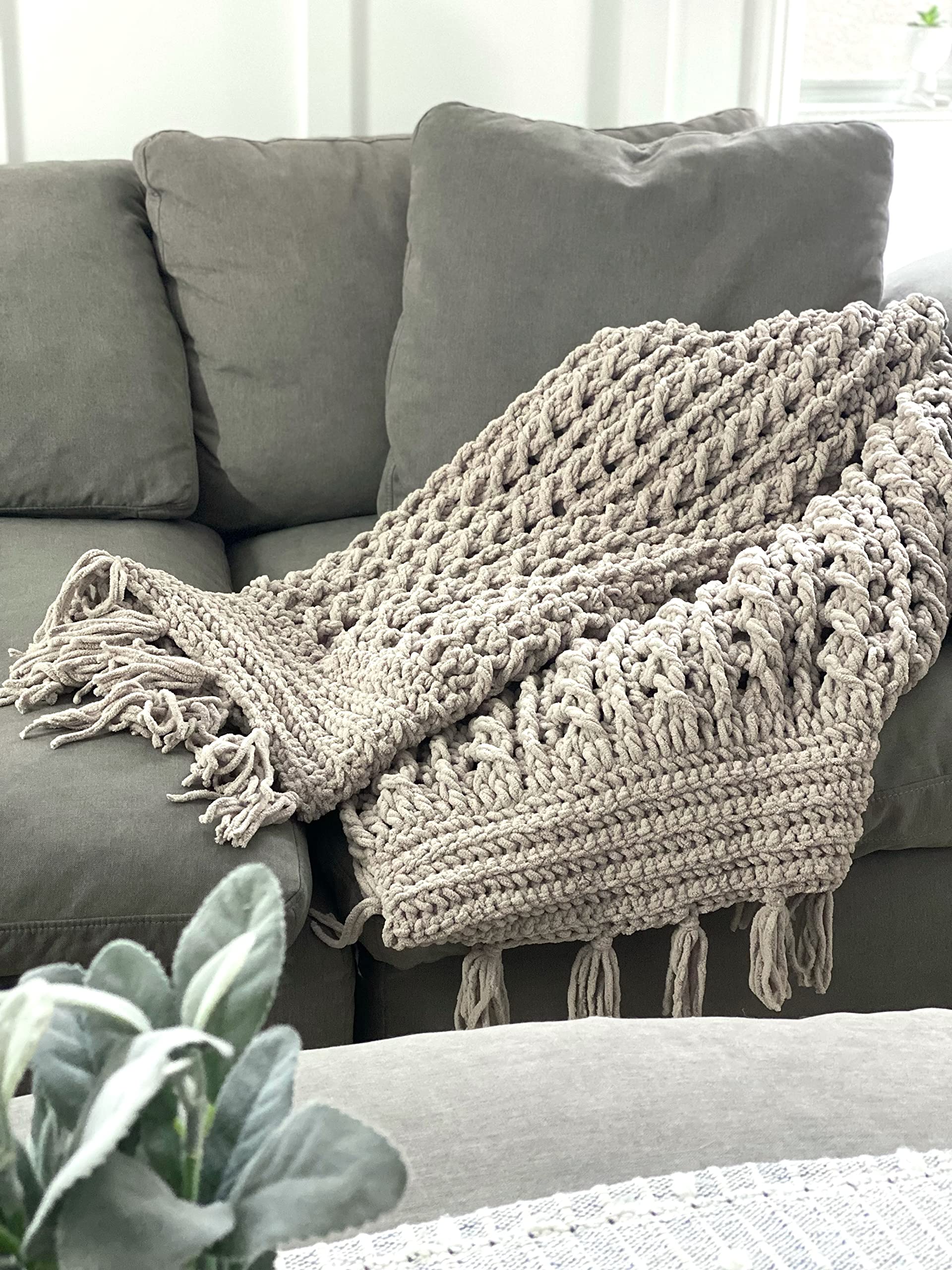 Handmade Crochet Blanket - Soft Thick Gray Rope Knit Throw Blanket for Sofa, Bed & Couch - Year Round Cozy Gift for Home Decor, Wedding & Baby Shower