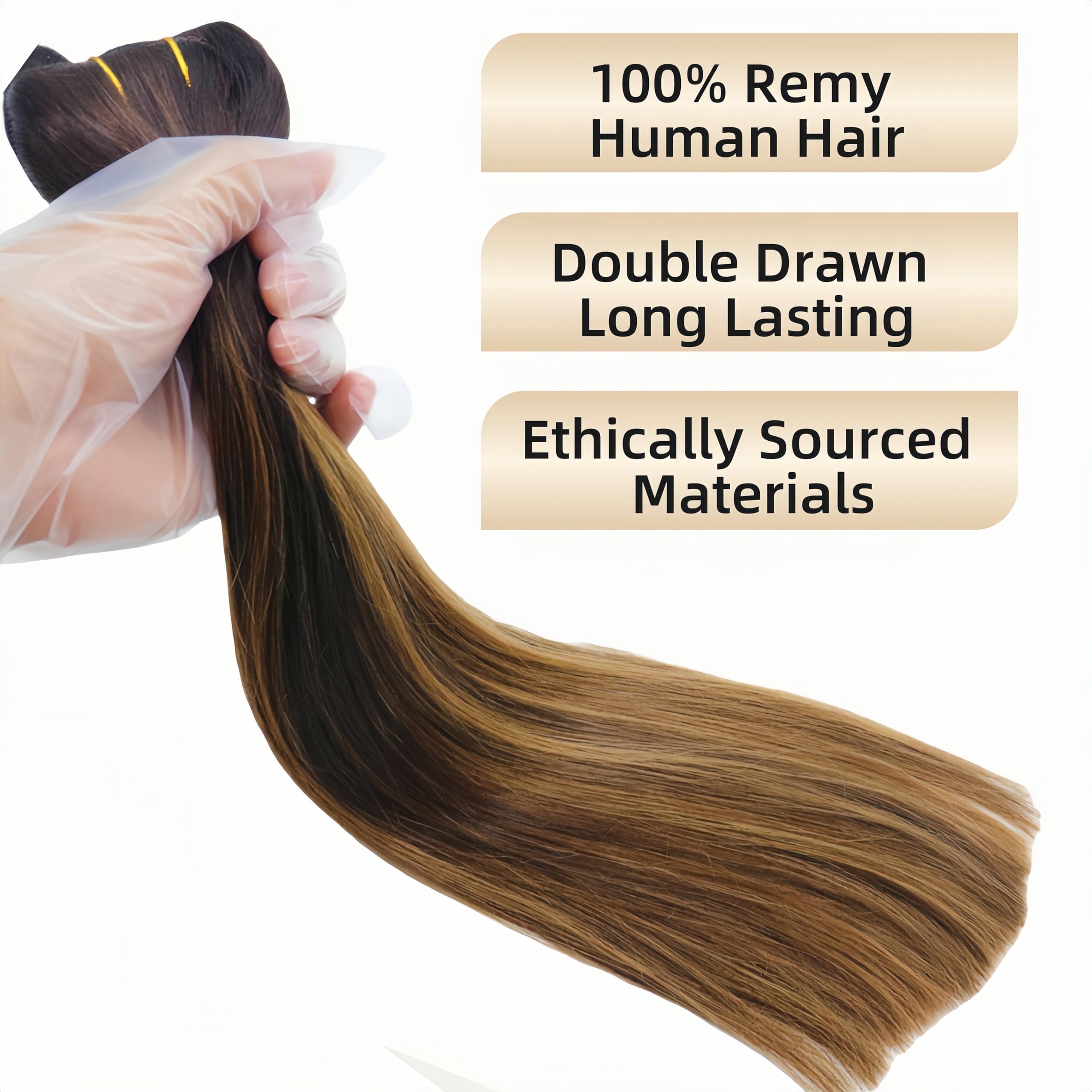 18 Inch Real Human Hair Clip In Extensions - 120g Ombre Piano Dark Brown to Chestnut Blonde Balayage - Double Wefted Silky Soft Hair Extensions for Volume & Length - Perfect for Parties, Weddings & Daily Styling
