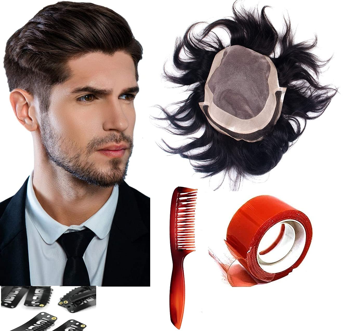 Natural Black Brown Glan Front Lace Human Hair Wig for Men - Full Head Patch with Small Tape, 4 Clips & Hair Fall Comb (10/8) - Perfect for Daily Wear, Cosplay & Hair Loss Solutions