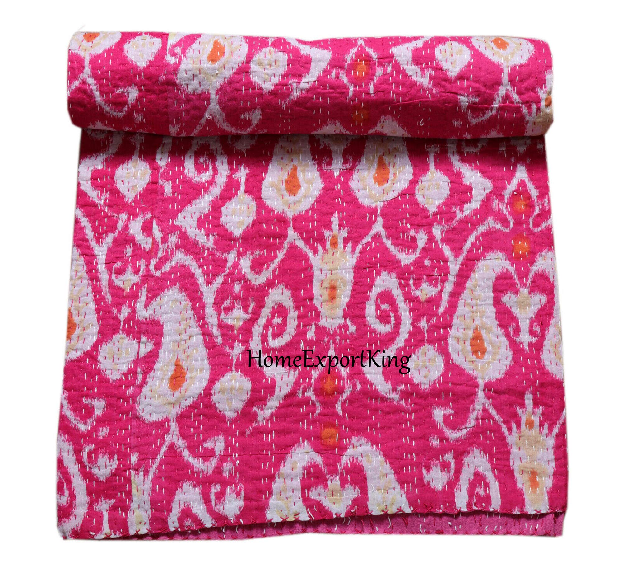 Handmade Traditional Indian Ikat Print Kantha Quilt - Vintage Gudari Cotton Bedspread, Reversible Sofa & Bed Cover - California King Size 108