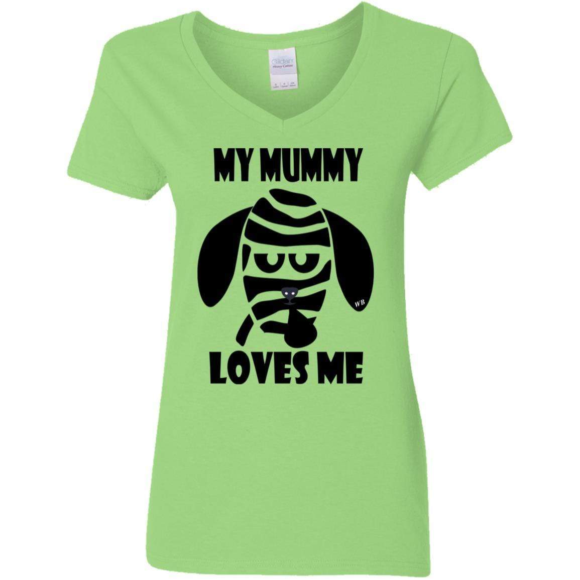 My Mummy Loves Me Halloween Women's 5.3 oz V-Neck T-Shirt | Funny Spooky Graphic Tee for Costume Parties & Trick or Treating