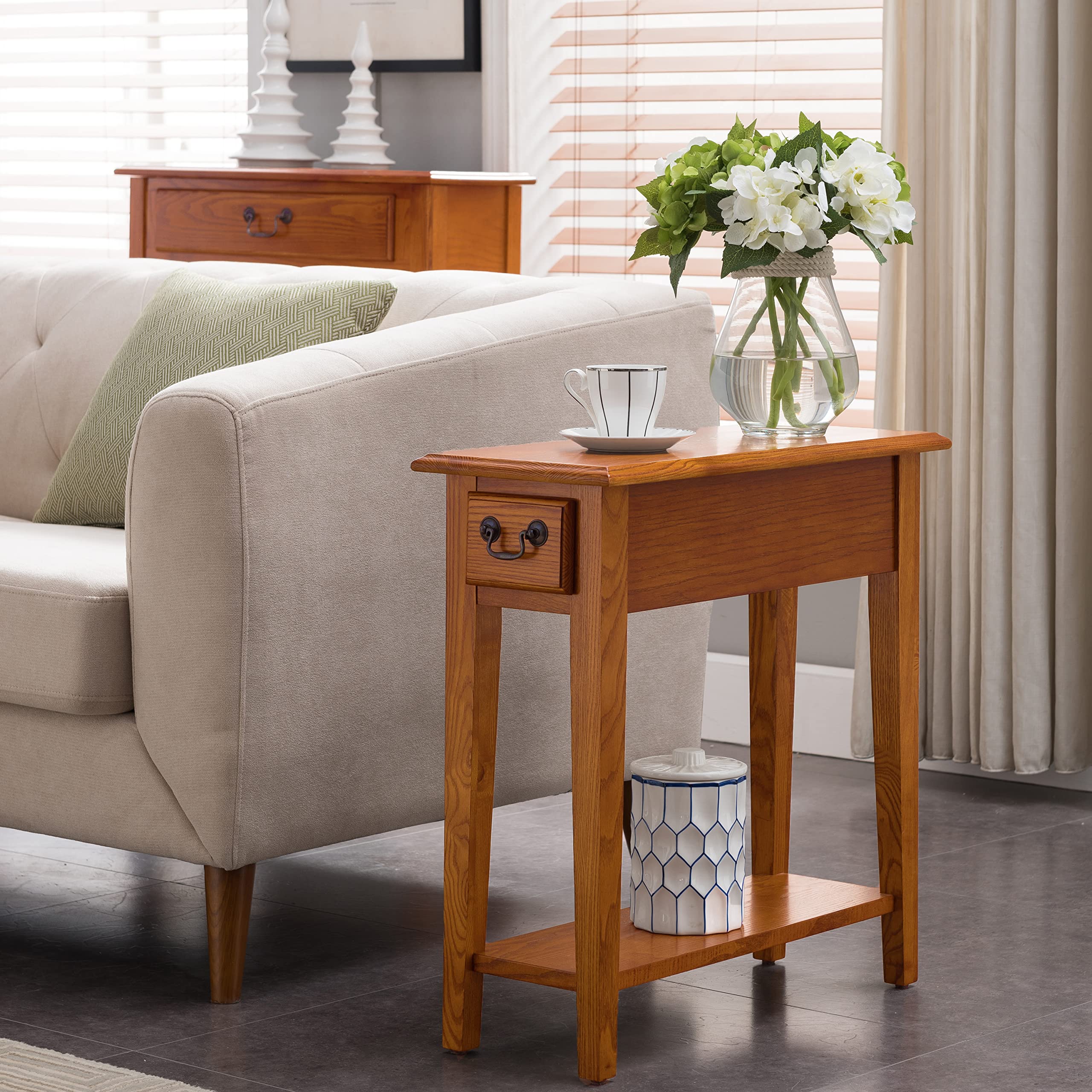 Solid Wood Side End Table with Storage Drawers & Oval Coffee Table Set - Handcrafted Rustic Oak Finish - Living Room Furniture for Home Decor