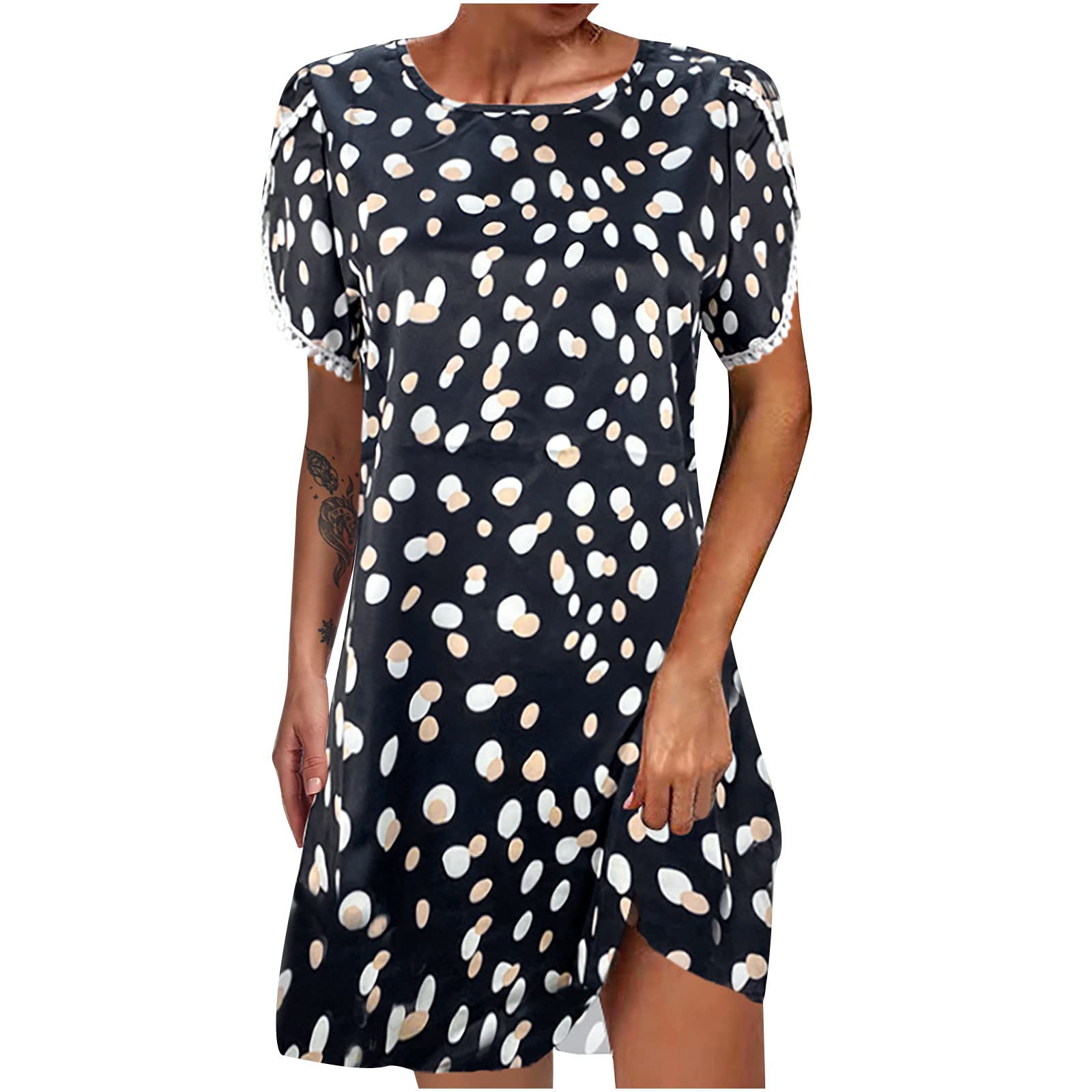 Women's Floral Printed Lace Round Neck Short Sleeve Mini Dress - Elegant Casual & Dressy Tops for Summer, Party, Date Night & Office Wear