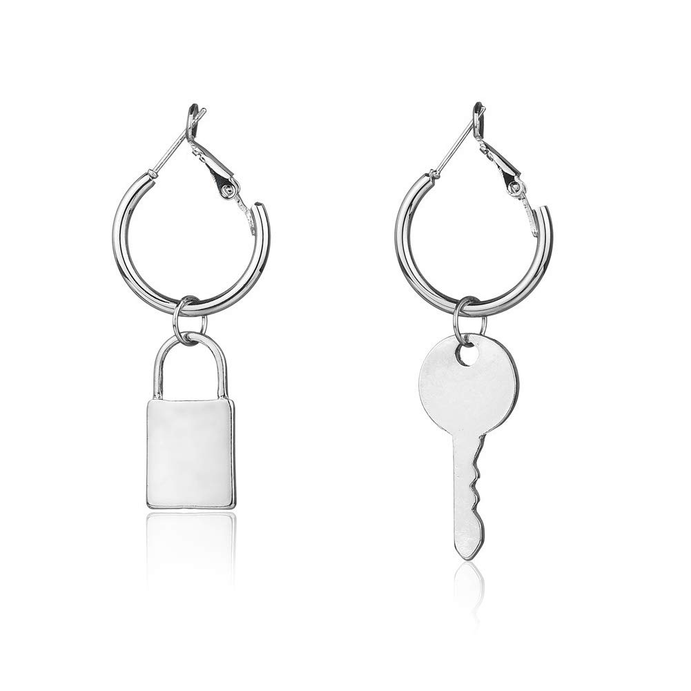 Lock and Key Earrings for Women - Asymmetric Dangle Hoop Earrings with Padlock & Key Design | Punk Edgy Aesthetic Jewelry | Perfect for Gothic, Boho & Everyday Fashion