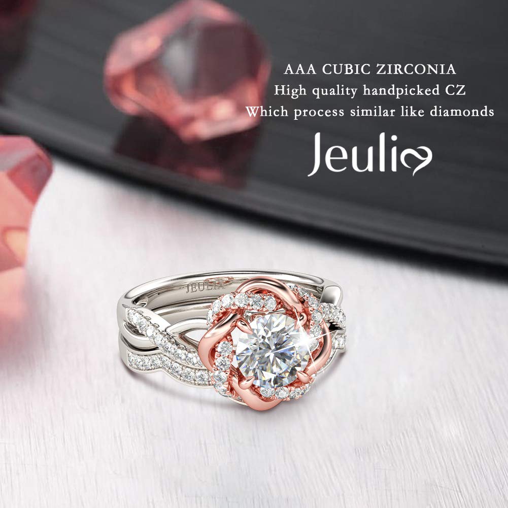 Jeulia Halo Solitaire Engagement Ring for Women - Sterling Silver Floral Diamond Ring with Rose Gold Plating, Round Cut Bridal Set, Anniversary & Promise Ring - Perfect for Proposals, Weddings, Anniversaries & Special Occasions