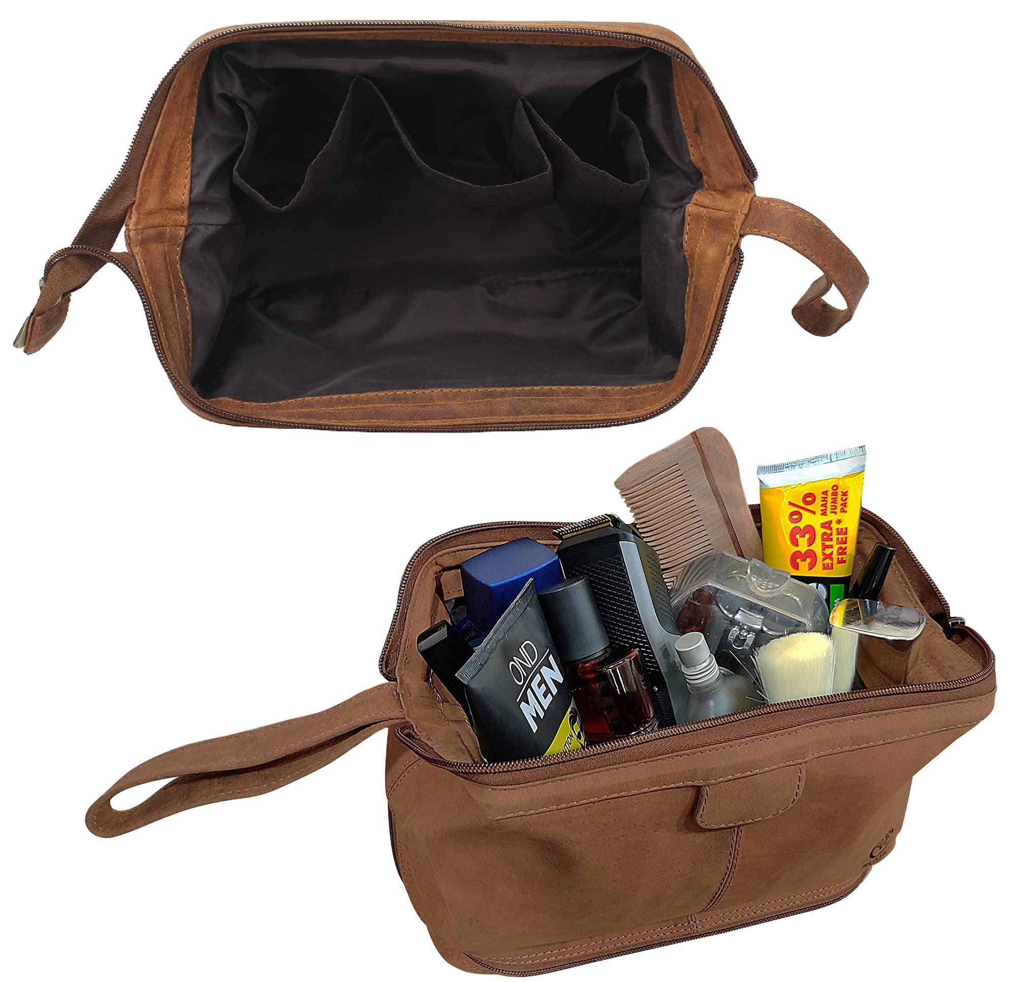 RUSTIC TOWN Genuine Leather Duffel Bag & Toiletry Bag Set - Premium Men's Travel Accessories for Overnight Trips, Business Travel & Gym - Perfect Gift for Him
