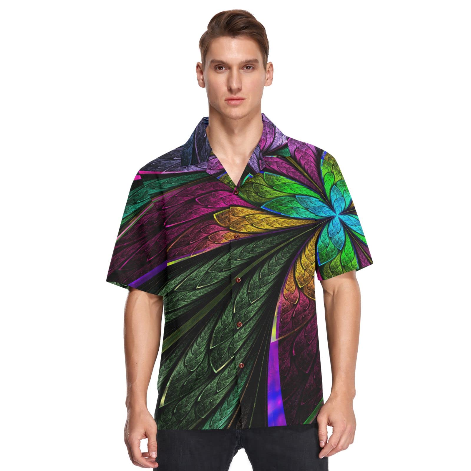 Floral Hawaiian Shirts for Men - Short Sleeve Casual Aloha Button Down Shirt with Fractal Flower Design | Perfect for Beach Vacations, Summer Parties & Tropical Getaways