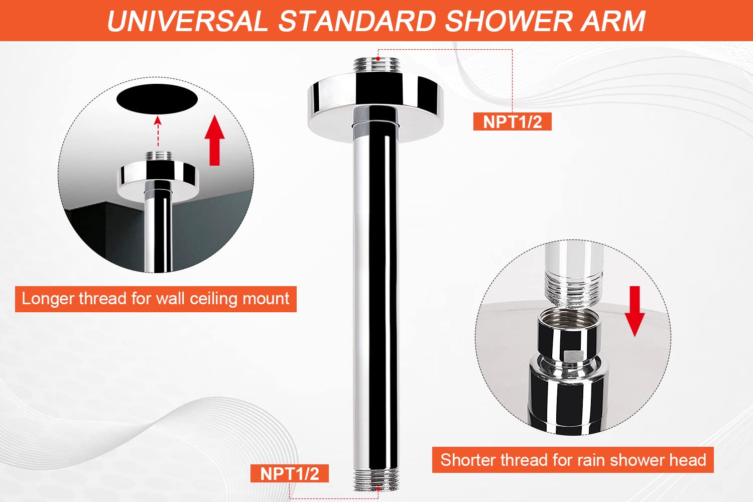 HarJue 12 Inch Stainless Steel Ceiling Mount Shower Arm Extension - Chrome Rain Shower Head Adapter with Flange & Teflon Tape | Perfect for Bathroom Renovation & Modern Fixed Shower Installation