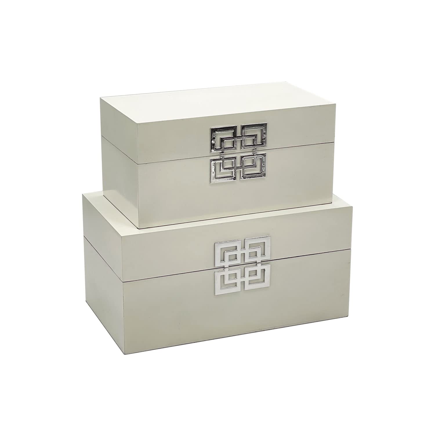 Galt International Wooden Decorative Storage Box Set with Hinged Lid & Geometric Clasp - Classic Home Decor Organizer for Bedroom, Living Room & Office - Set of 2 (White & Silver) - Perfect for Jewelry, Keepsakes & Home Organization