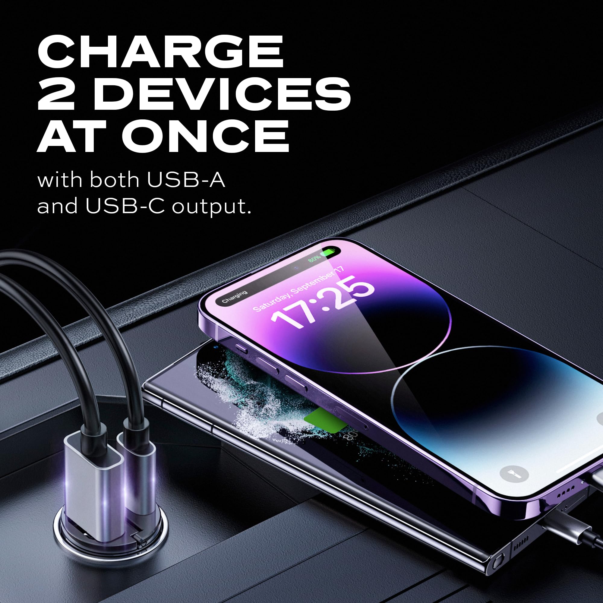 Dual Car Phone Charger - Fast USB C & A Charging for Cars - 12V-24V Power Adapter | Perfect for Road Trips & Commuting