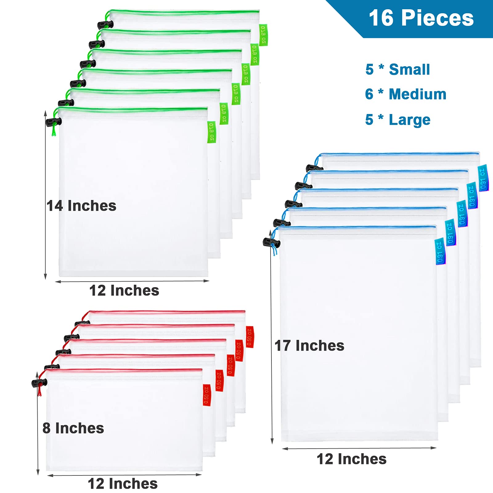 16 Pcs Mesh Small Toy Storage Bags - 3 Sizes Reusable Drawstring Organizer for Kids Playroom, Toys, Fruits & Vegetables | Perfect for Home Organization, Travel & Grocery Shopping