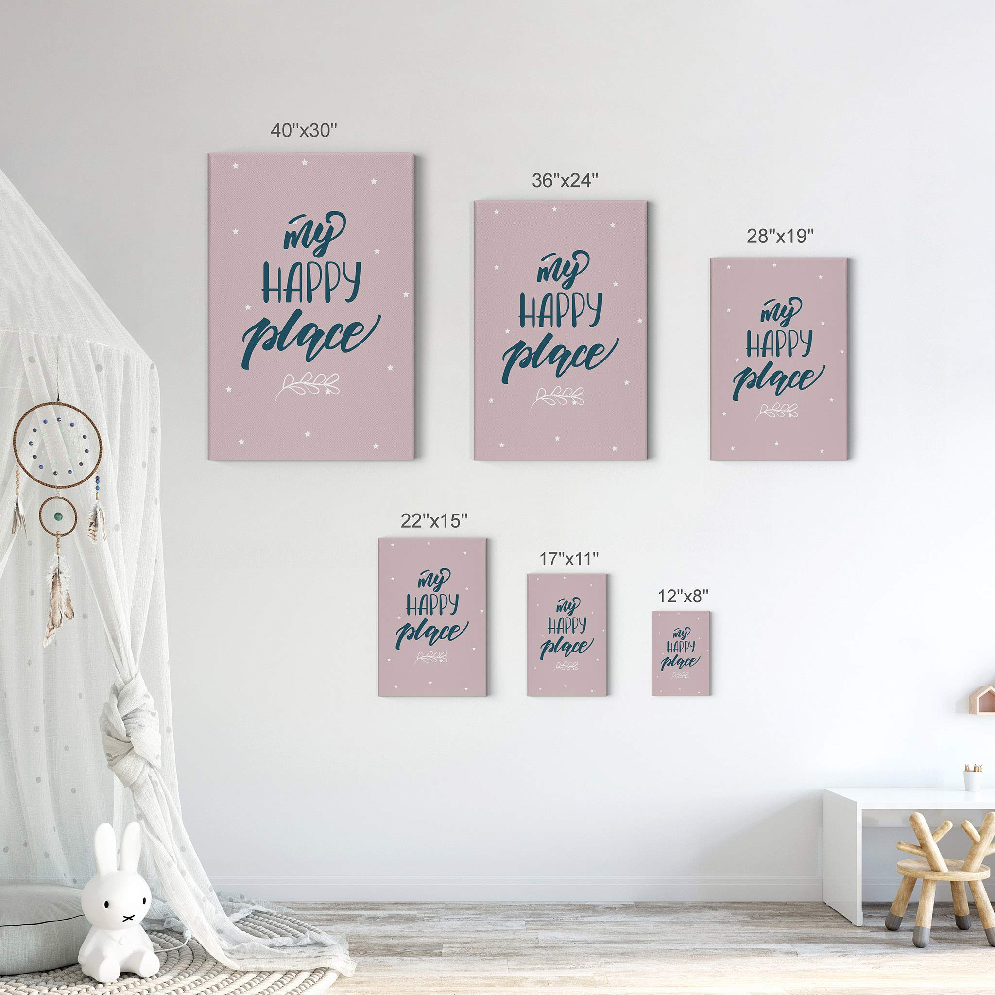 Smile Art Design 'My Happy Place' Lettering Quote Wall Decor - Pink Background Canvas Print (40x30) | Ready to Hang Nursery Decor, Kids Room Wall Art, Baby Room Decoration | Perfect for Bedrooms, Playrooms & Gift Ideas | Made in USA