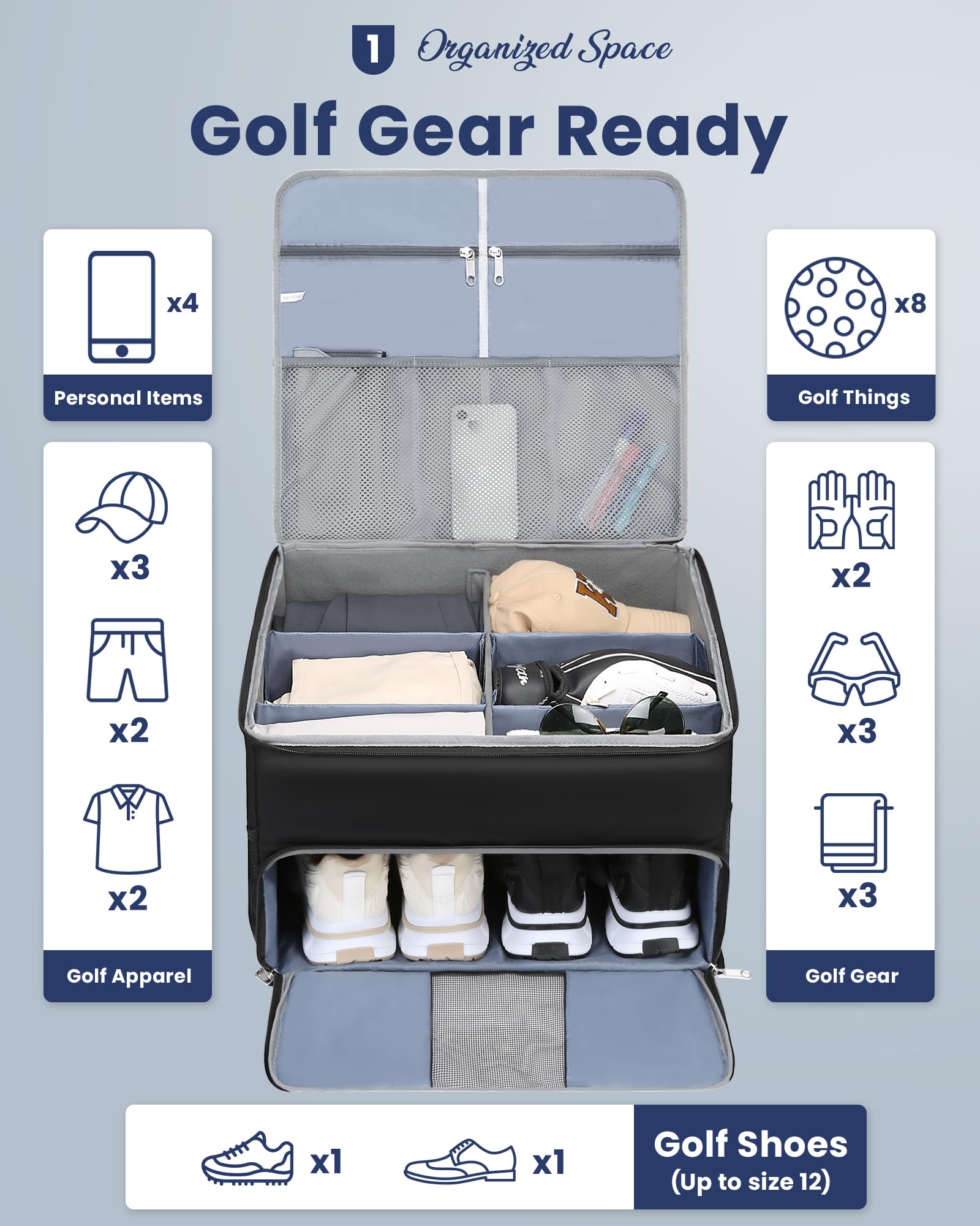 Premium Golf Trunk Organizer - Large Collapsible Storage Box with 4 Dividers for Golf Shoes, Clothes, Gloves & Hats | Water-Resistant Golf Shoe Bag Holds 2 Pairs | Perfect Golf Accessories for Men & Women | Ideal for Car Storage, Travel & Golf Course Organization