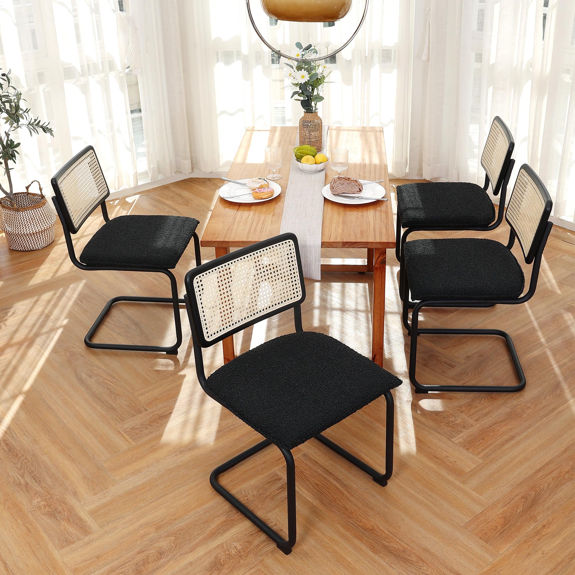 ONEVOG Set of 2 Modern Boucle Dining Chairs - Upholstered Cane Chairs with Natural Rattan Back & Sturdy Metal Frame - Comfortable Accent Chairs for Dining Room, Kitchen or Living Room Decor - Perfect for Small Spaces & Modern Home Interiors (Black)