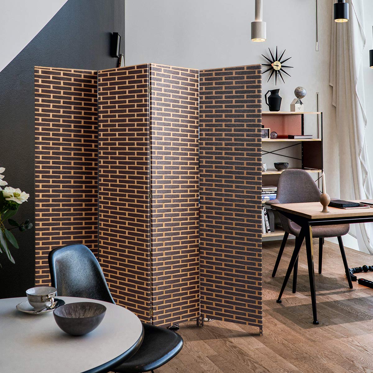 JAXPETY 6ft Tall 4-Panel Woven Fiber Room Divider - Freestanding Folding Privacy Screen for Living Room, Bedroom, Office & Dining Areas - Dark Brown - Perfect for Home Decor, Space Partition & Indoor Privacy Solutions