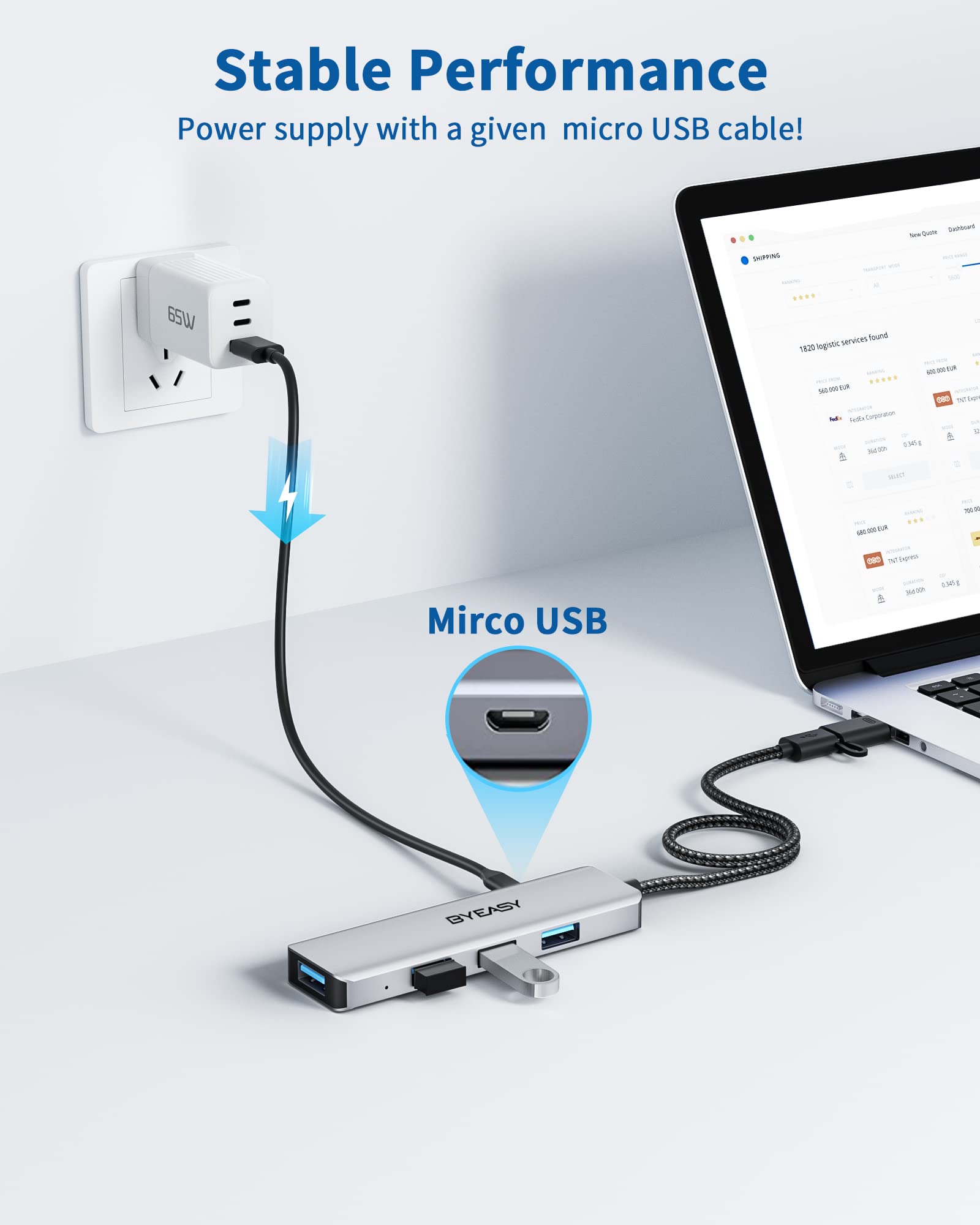 BYEASY 4-Port USB C Hub with USB A, Micro USB, and Thunderbolt 3 - Aluminum USB Splitter for MacBook Pro/Air, Laptop, PC - Perfect for Office, Travel & Home Workspaces