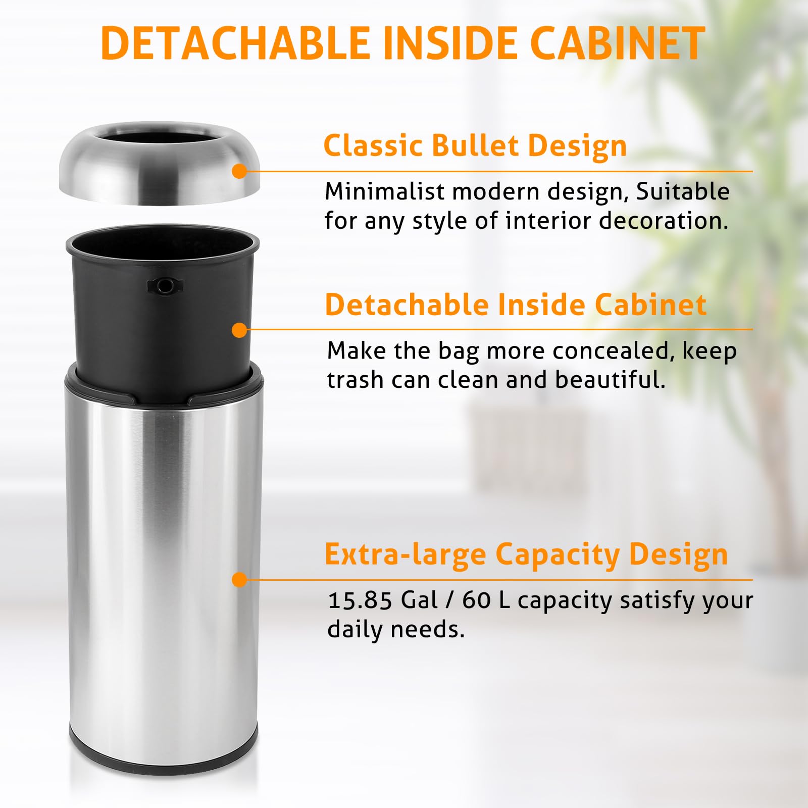 WICHEMI 16 Gallon Stainless Steel Commercial Trash Can with Lid - Heavy Duty Indoor/Outdoor Garbage Bin for Kitchen, Office, Restaurant & Industrial Use - Open Top Waste Container with Cabinet Enclosure