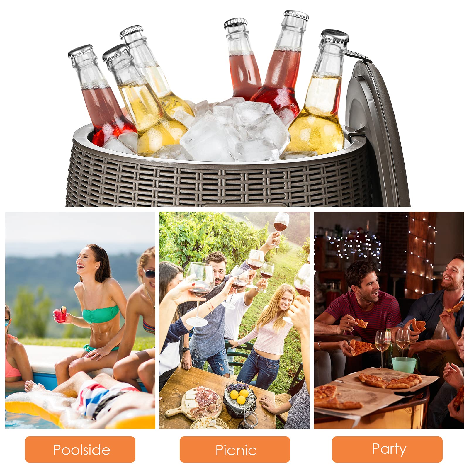 Tangkula 9.5 Gallon Outdoor Cooler Bar Table - Wicker Patio Ice Bucket Side Table with Lid & Handles - Perfect for Beer, Wine & Drinks - Ideal for Poolside, Deck, Backyard Parties & Outdoor Entertaining