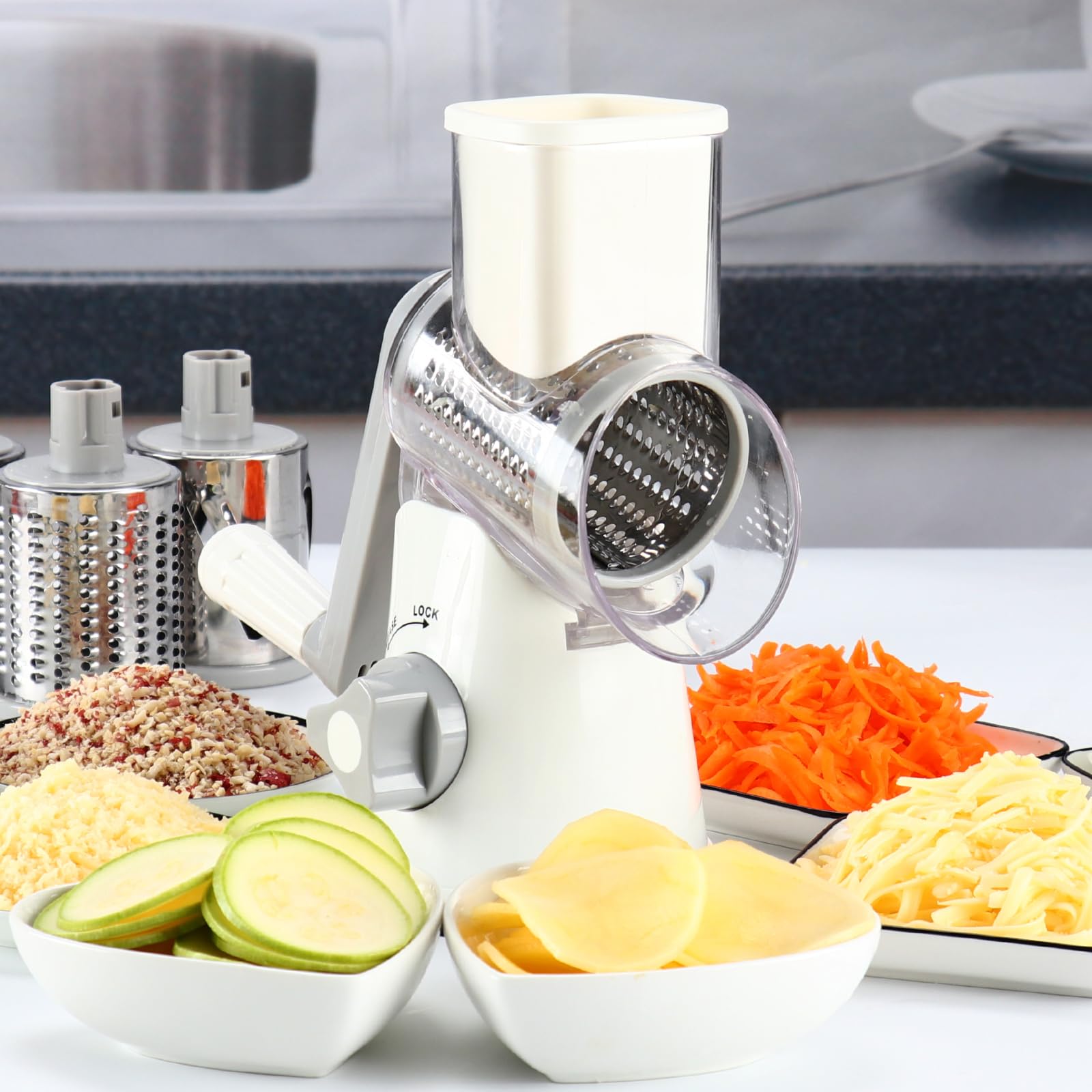 Cambom Rotary Cheese Grater - Hand Crank Cheese Shredder for Fresh Cheese, Vegetables & Nuts - Non-Slip Suction Base with 3 Blades & Free Cleaning Brush - Perfect for Pizza, Pasta, Salads & Baking (White)