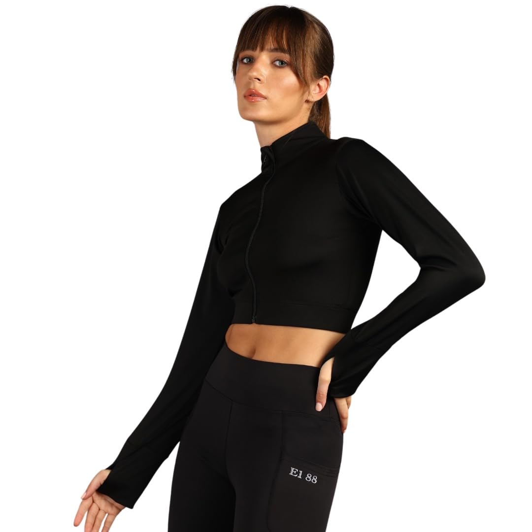 Women's Zip-Up Cropped Workout Top with Thumbholes - Breathable & Stylish Gym Activewear for Running, Yoga & Fitness Training