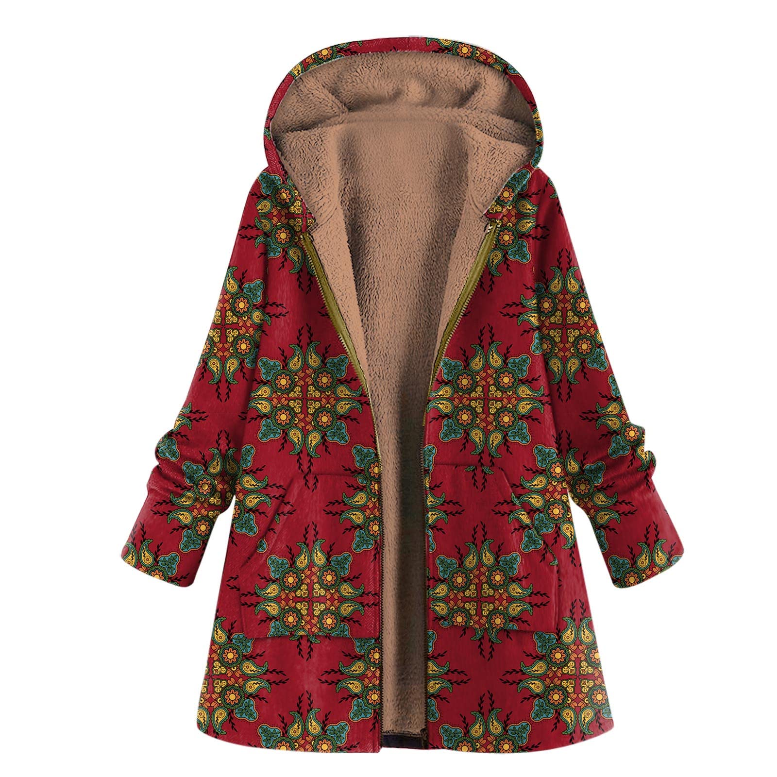 Women's Winter Fleece Hooded Jacket - Plush Long Coat with Printed Design for Casual Wear | Cozy Outerwear for Cold Weather & Outdoor Activities
