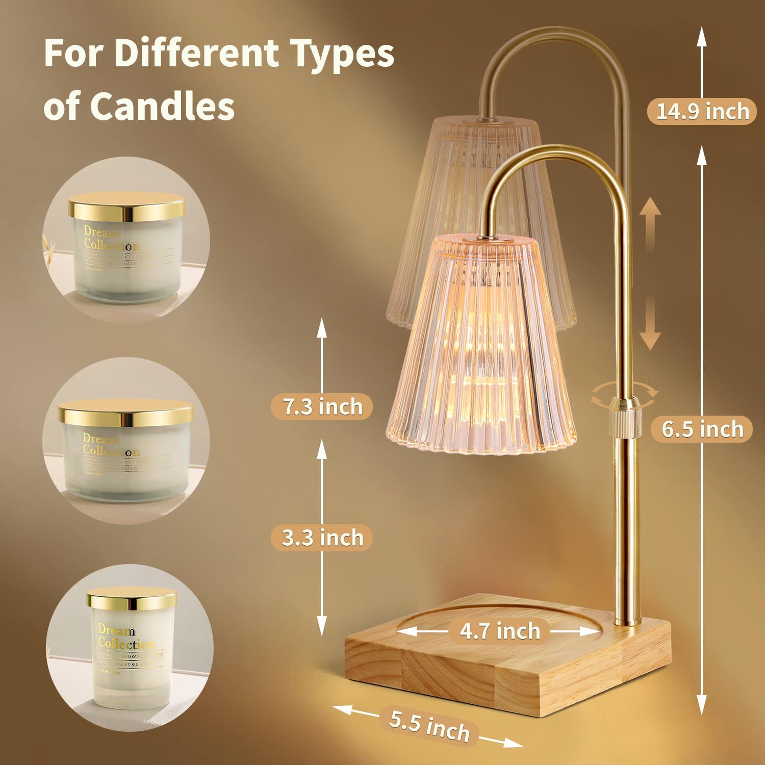Adjustable Height Candle Warmer Lamp with Dimmer - 2 Included Bulbs, Amber Glass - Perfect for Aromatherapy, Home Decor & Gift Giving