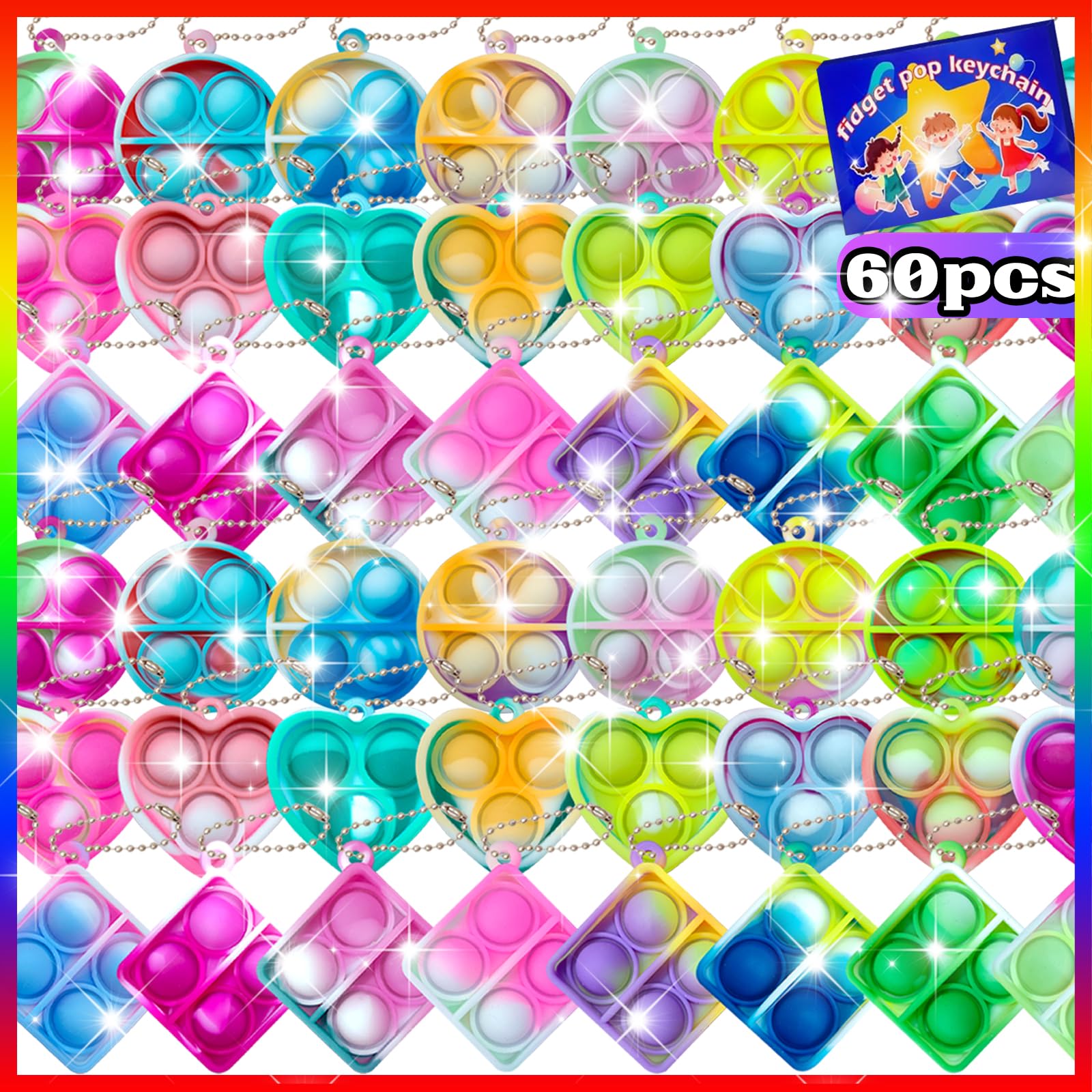60 Pcs Mini Pop Fidget Keychain Toys Bulk - Sensory Stress Relief Fidgets for Kids Ages 4-12 - Perfect for Classroom Prizes, Party Favors, Easter Goodie Bags & Girls Birthday Gift Stuffers