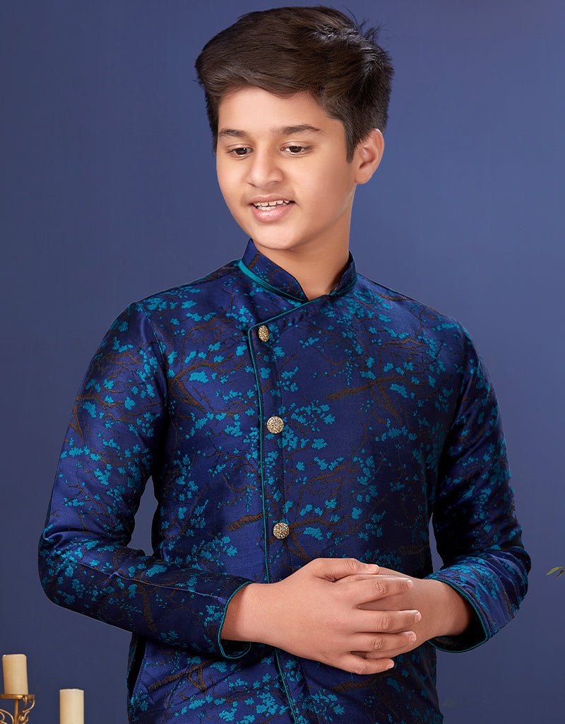 Premium Blue Jacquard Silk Kurta Pajama Set for Men - Traditional Indian Ethnic Wear for Festivals, Weddings & Special Occasions