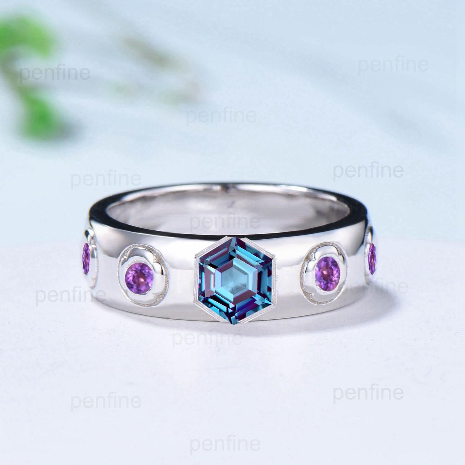 Howl's Moving Castle Men's Ring - 5mm Hexagon Alexandrite Wedding Band in Silver & White Gold - Howl & Sophie's Matching Stacking Ring Set with Amethyst - Perfect Gift for Anime Fans, Couples & Fantasy Lovers (Great for Cosplay, Weddings & Anniversary Gifts)