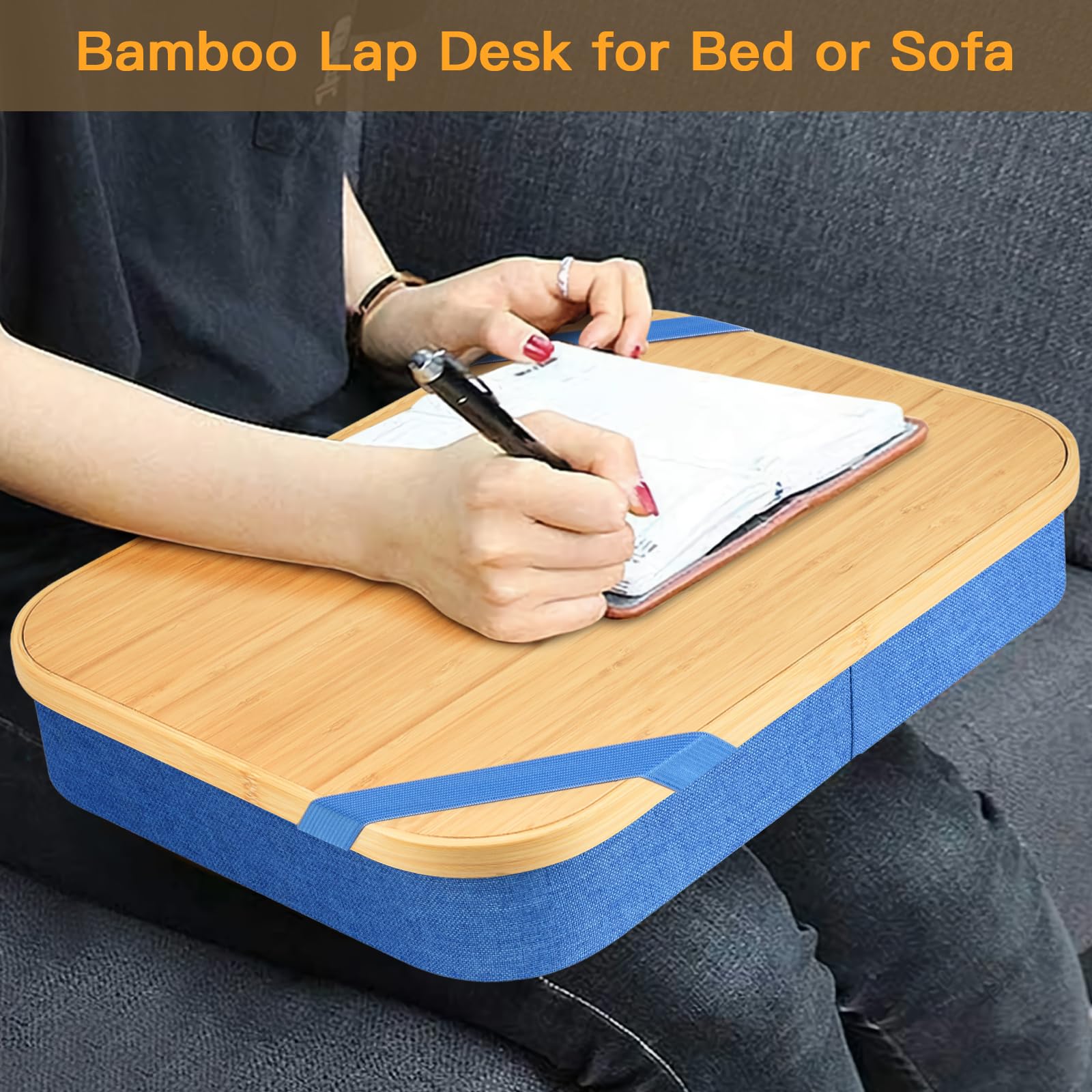 Mayjoy Bamboo Lap Desk with Storage - Portable Laptop Stand for Bed, Couch & Office - Removable Cover for Writing, Drawing & Working Comfortably (Blue) - Perfect for Remote Work, Study & Home Office Use
