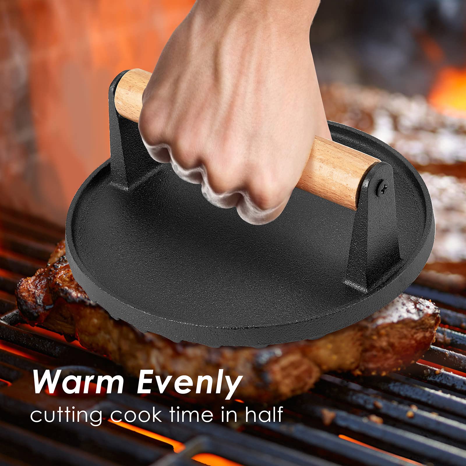 Premium HaSteeL Cast Iron Grill Press - Heavy Duty 7 Inch Bacon & Burger Press with Ergonomic Wooden Handle | Pre-Seasoned Steak Weight for Flat Top Griddle, Teppanyaki, BBQ | Perfect for Indoor & Outdoor Cooking, Camping, Backyard Parties (2-Piece Set)
