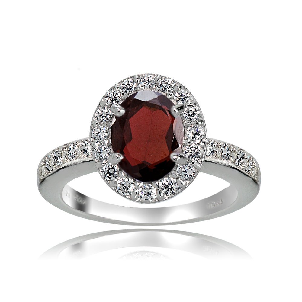 Sterling Silver Garnet & White Topaz Oval Halo Ring | Elegant Ice Gems Jewelry for Women | Perfect for Engagement, Wedding & Special Occasions