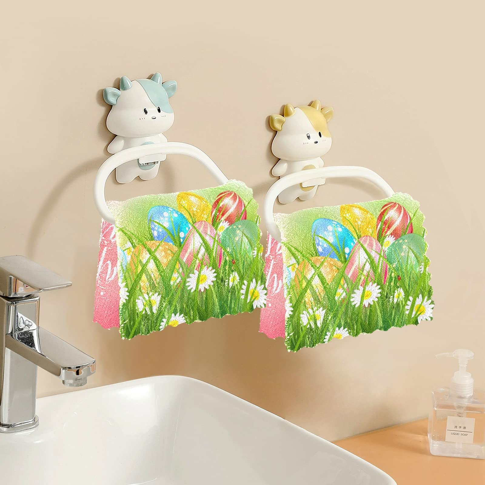 Premium Absorbent Dish Towels Set of 6 - 11x11 Inch Lint-Free Kitchen Cleaning Cloths with Easter Eggs, Butterflies & Spring Flowers Design - Soft Bar Mop Tea Towels for Dishes, Countertops & Kitchen Decor