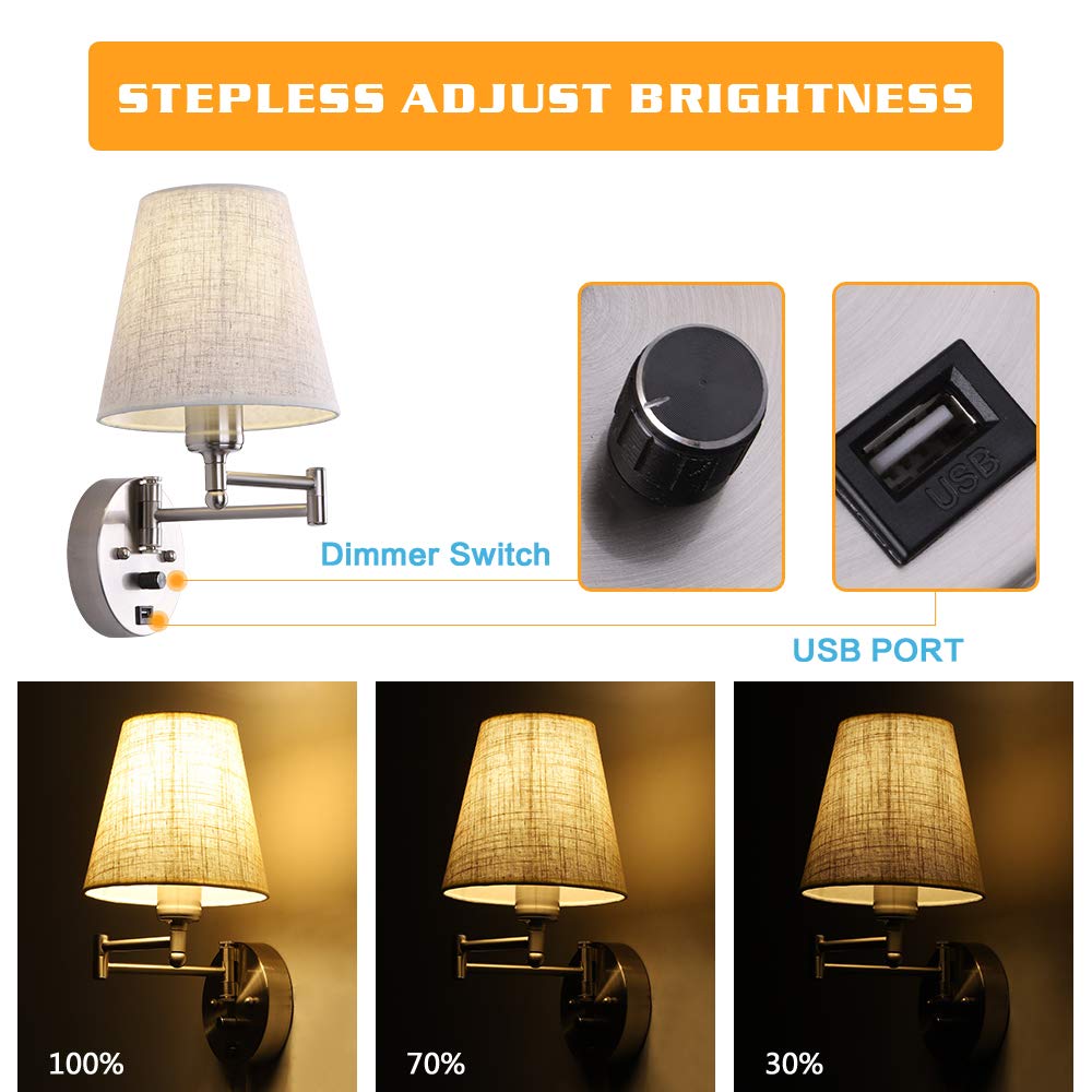 Dimmable Swing Arm Wall Sconce Light with USB Port & Plug-in Cord - Adjustable Fabric Shade Bedside Lamp for Bedroom, Living Room & Hotel - Perfect for Reading, Nightstand Lighting & Cozy Ambience